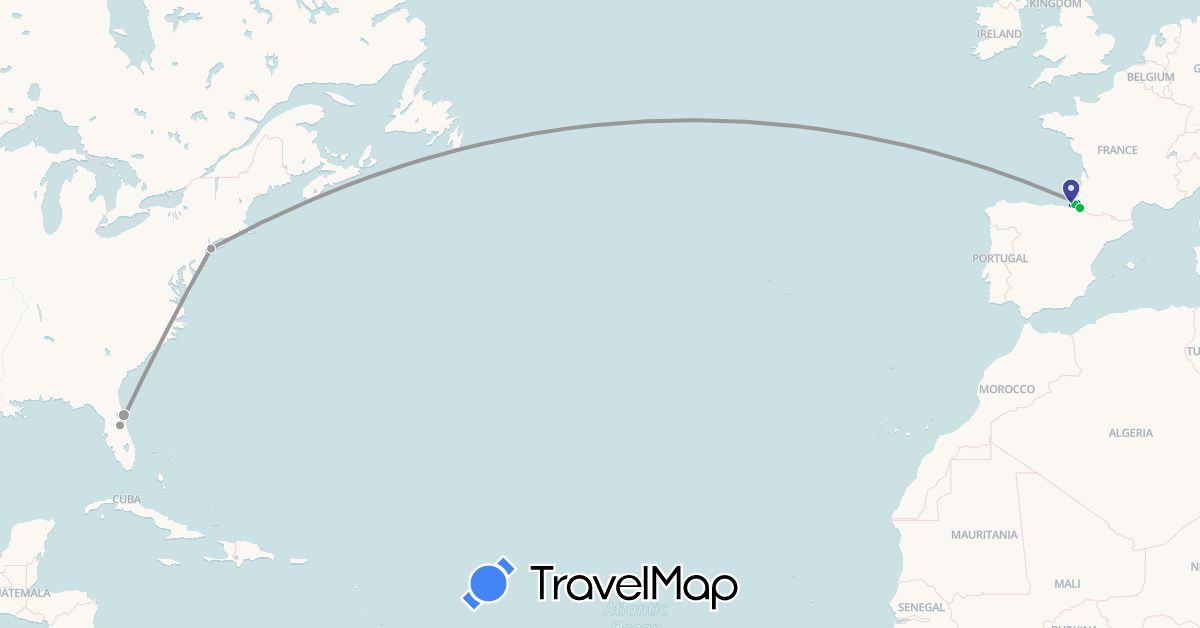 TravelMap itinerary: driving, bus, plane in Spain, France, United States (Europe, North America)